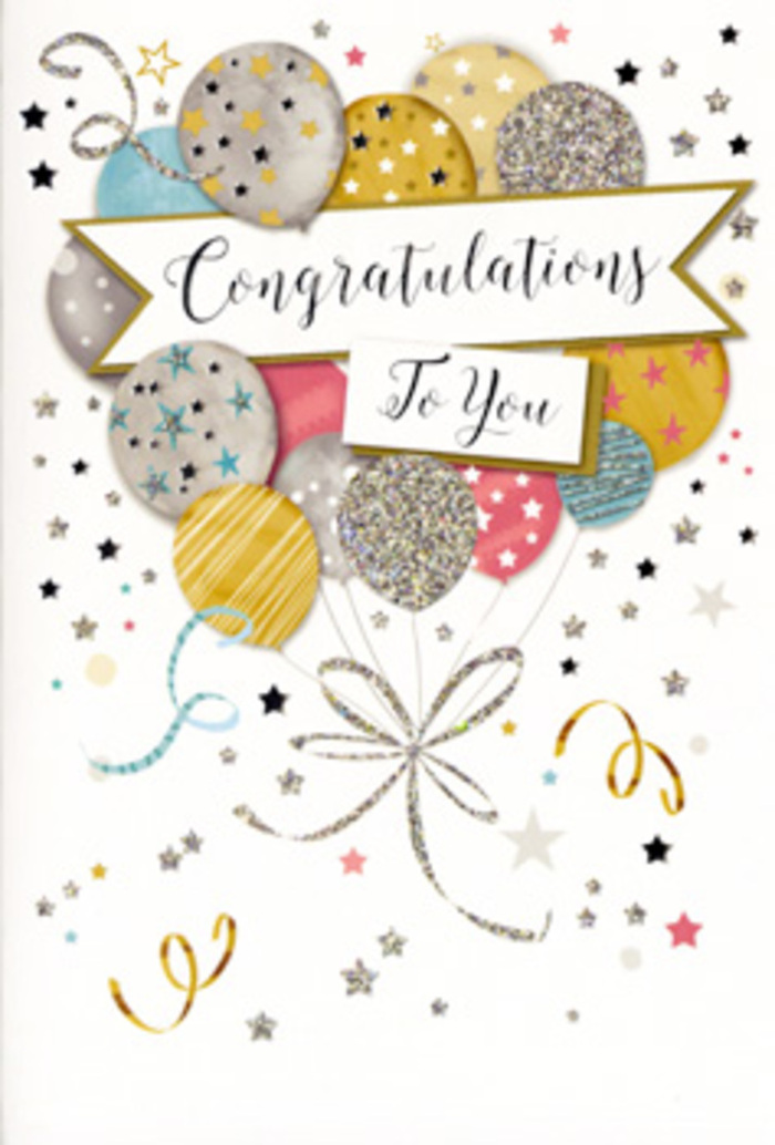 An artfully designed congratulations card is presented, radiating the polished happiness of a well-earned achievement in Hendon. In the centre, a compact cluster of balloons rises gracefully, layered so that some sit slightly in front of others, creating a sense of depth and motion. The colour palette is soft yet celebratory-muted gold, bright silver, champagne, soft sky blue, rosy pink, and smoky grey-each balloon given its own decorative character with fine stripes, star patterns, and gentle glitter accents. The effect is reminiscent of fairy lights reflecting on a calm evening near Hendon Park. From the base of this balloon bouquet, slender ribbons in gold and silver swerve and loop downward, overlapping in delicate lines that recall the flowing tails of satin ribbon used to finish a bouquet in the workshop at Florist Hendon. A gracefully curved banner crosses the middle of the balloon cluster, holding a neatly scripted "Congratulations" that feels both classic and contemporary, suitable for marking graduations, promotions, and other milestones. The background is a soft, neutral shade that allows the metallic and pastel tones to stand out, lightly scattered with tiny stars, curls, and dots of confetti that create a gentle sense of movement and festivity. There's a subtle suggestion of texture where glitter and metallic ink might catch the light, inviting touch in the same way a beautifully presented card nests alongside fresh blooms. Overall, the composition feels airy, refined, and joyful-perfect for slipping into a bouquet or hatbox arrangement delivered across Hendon to celebrate someone's hard work and success.